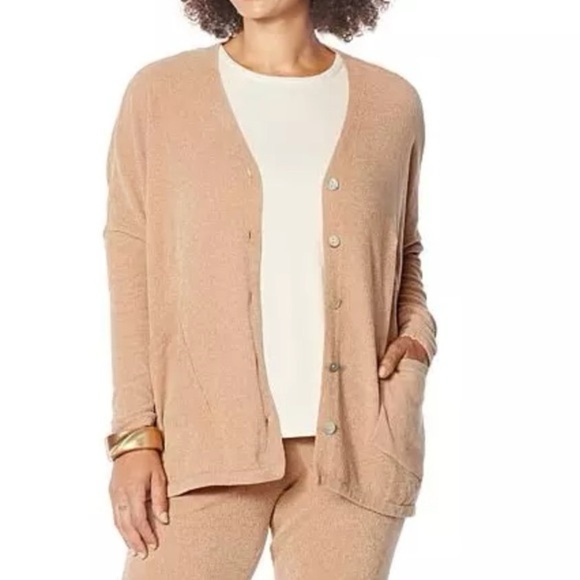 Wynne Lounge Camel Chenille Knit Cardigan Sweater Boxy Fit Button Front Pockets - Picture 1 of 11